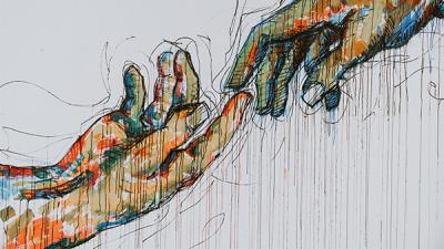 Hand reaching up from the bottom left and another hand reaching down from the top right, trying to touch one another's index finger. The hands are painted in bright bold colors in a water color style, with sketch lines.